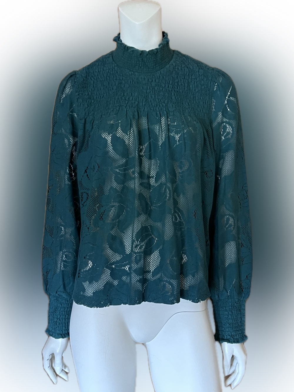 Sundance Smocked Yoke Lace Floral Pattern Blouse - Teal SZ PS